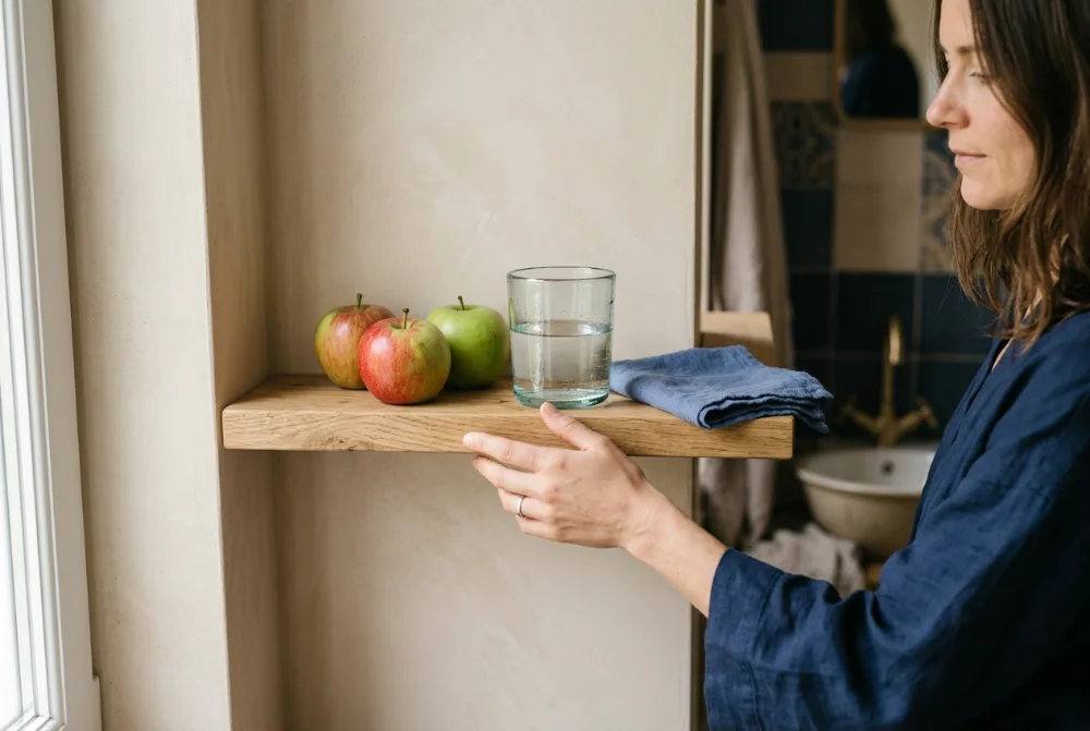 Manzanas y vaso de agua junto a la ventana