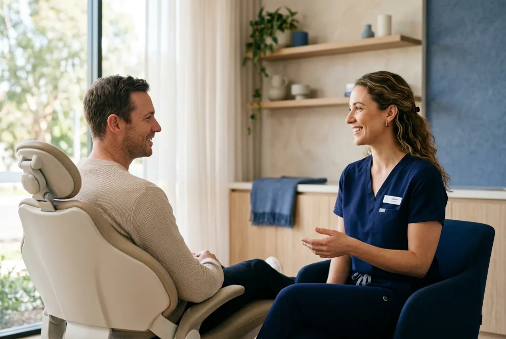 Dentista conversando con un paciente en la consulta