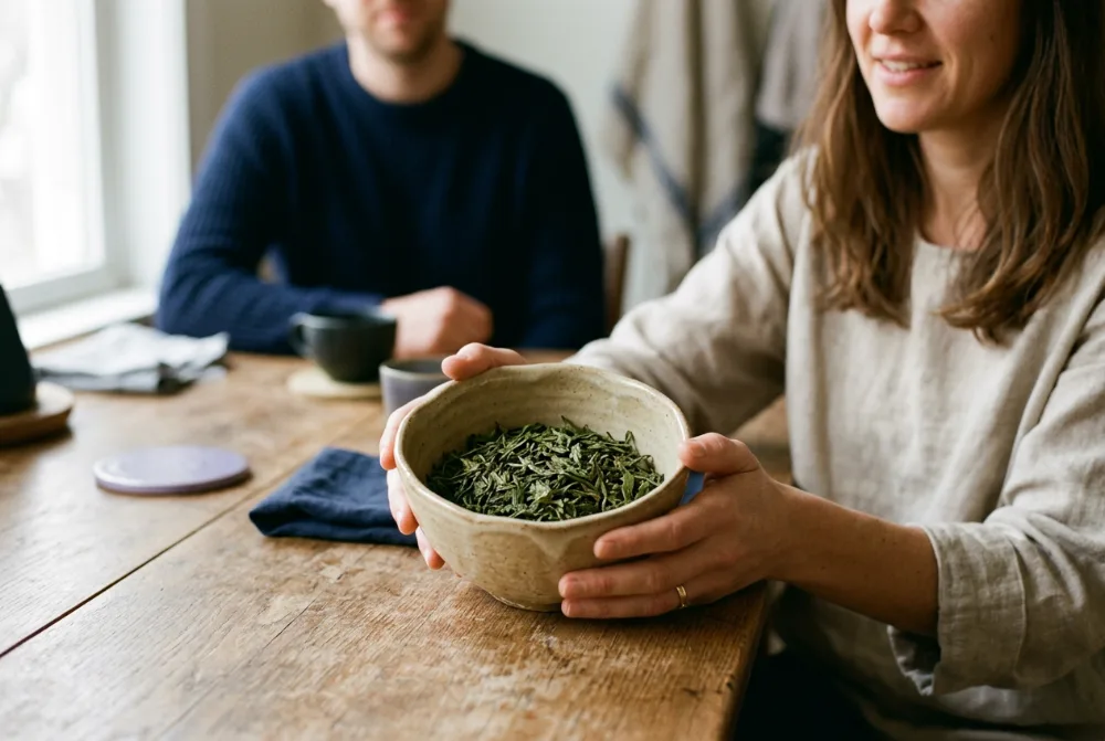 Hojas de té verde en un cuenco de cerámica