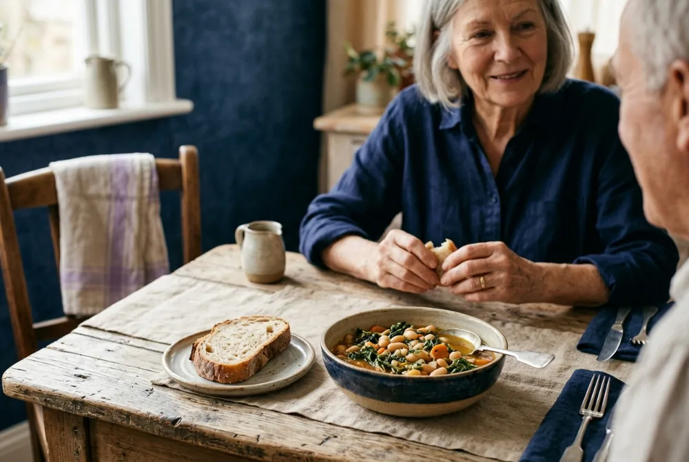 Comida sencilla de alubias, verduras y pan
